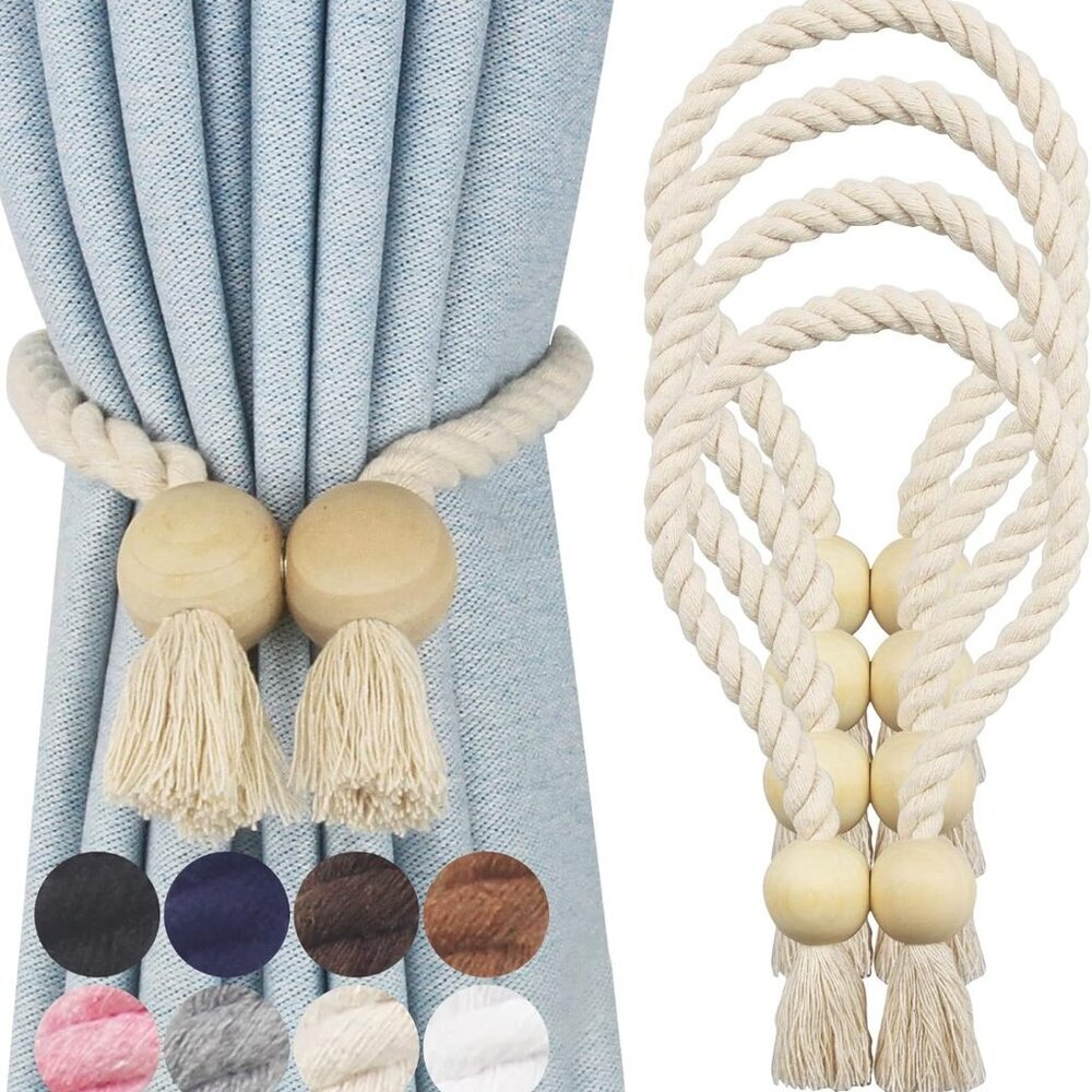 4 Pack Magnetic Curtain Tiebacks Cotton Hand Woven Tie Back Decorative Rope Hold